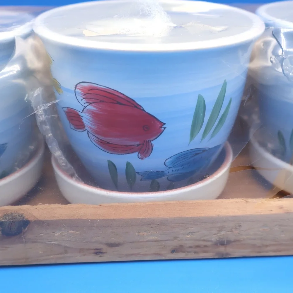 Set of 3 Ceramic Planters Pots Decorative Fish Design with Wooden Tray